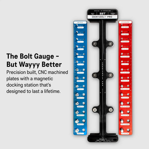 Identibolt Pro Thread Checker With Magnetic Wall Mount For Quick Nut And Bolt Identifier Gauge For 28 Sizes from Imperial No 6 through 1/2 Inch and Metric 4 to 14 mm, black mount with red and blue plates.