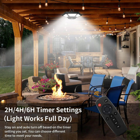 Patio illuminated by 180 LED Dual Head Solar Shed Light Indoor Outdoor With Motion Sensor 5 Lighting Modes And 3 Timers Remote