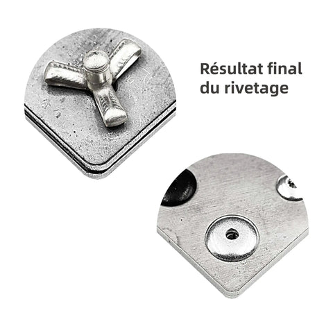 50 Pcs Tri Fold Aluminum Blind Rivets Set Tri Grip Exploding Bulb Style Pop Rivets For Auto Body And Soft Or Plastic Materials All Black Three Sixteenth Inch By Forty Five Sixty Fourth Inch Large Head Five Eighth Inch installed on metal surface showing final result of riveting