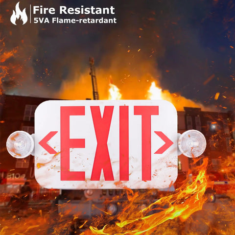 Smooth Running Exit Sign And Emergency Light Featuring Rock Solid Battery Backup Lasts Ninety Minutes Through Power Drops Dual Adjustable Led Heads Handle Any Room Or Shop Universal Wire In Two Pack Built Tough in a fire-resistant setting.