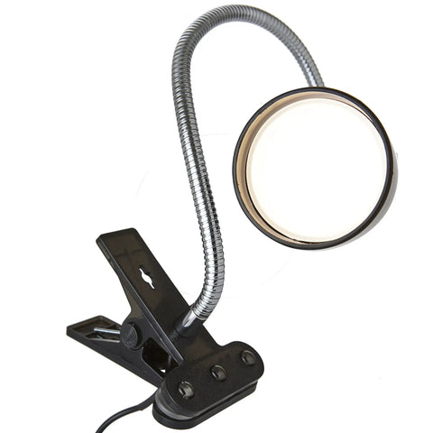 Black Metal Clamp On LED Gooseneck Desk Lamp With 3000K Warm White Light Flexible Arm Easy Clamp shown in coiled position.