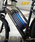 Close-up of 48V removable battery on a Powerful 1000W Peak Electric Bike For Adults With 48V Battery And 22 MPH Top Speed