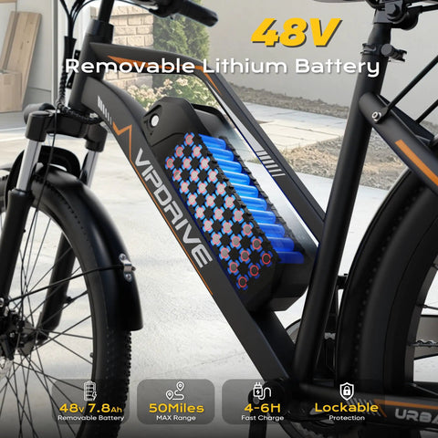Close-up of 48V removable battery on a Powerful 1000W Peak Electric Bike For Adults With 48V Battery And 22 MPH Top Speed