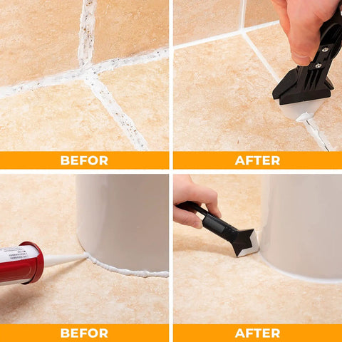 All In One Caulking Tool Set For Finishing Sealant Grout Removal And Caulk Scraping Pro Grade Glass Glue Angle Scraper in use