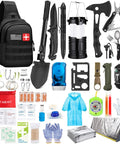 151-piece emergency survival kit in a black tactical backpack with flashlight, knife, multitool, compass, and first-aid supplies