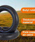 Two Pack Durable Inner Tube For Eight Inch Wheels In 3.25 And 3.00 Width With TR-87 Angled Stem Replacement For Wheelbarrows Scooters Mini Choppers Go Karts And ATVs DIY Friendly on grass with text overlays 'Butyl rubber, Thickened material, Pure copper air valve' showing air tubes.