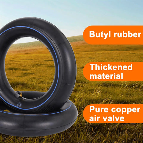 Two Pack Durable Inner Tube For Eight Inch Wheels In 3.25 And 3.00 Width With TR-87 Angled Stem Replacement For Wheelbarrows Scooters Mini Choppers Go Karts And ATVs DIY Friendly on grass with text overlays 'Butyl rubber, Thickened material, Pure copper air valve' showing air tubes.