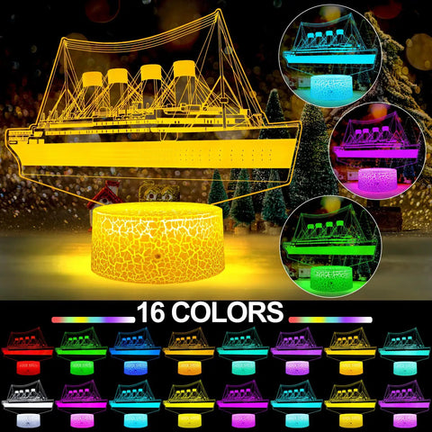 Titanic Night Light For Kids With Remote And Touch Control, 16 Color Changing LED Ship Night Light For Bedroom, glowing in multiple colors.