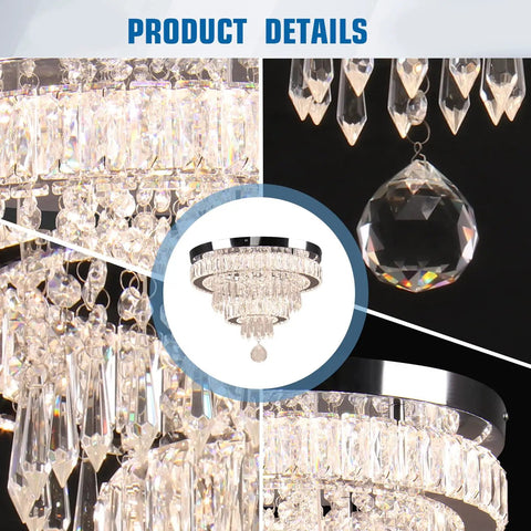 Dimmable 15.7 Inch Crystal Ceiling Light With Remote, Two Ring LED Flush Mount Chandelier, close-up details and design.