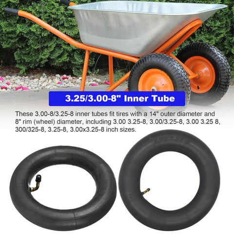 3.00-3.25-8 Replacement Inner Tubes With TR-87 Bent Valve Stem For 8 Inch Rims next to wheelbarrow, showing size and fit