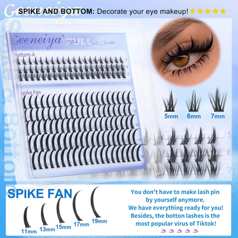 5 Styles Lash Clusters Kit With Volume Mega Full Bottom Spike Extensions Lash Bond And Seal Remover Tweezers Brush Cotton Pack And Tape Tools For Beginners To Pros DIY At Home, showcasing spike and bottom lash fan styles.