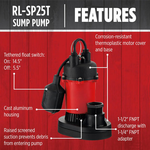 Automatic One Quarter HP Sump Pump With Tethered Float Switch, 3088 GPH, Cast Aluminum, Thermoplastic Motor Cover