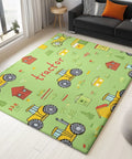 Ultra Soft 3x5 Ft Cartoon Farm Field Tractor Area Rug For Dining Room Bedroom And Living Room Stain And Water Resistant Non Slip Rug Pet And Kid Friendly Machine Washable Faux Wool Comfort With Low Profile 0.24 Inch Thick showing tractor pattern in living room.