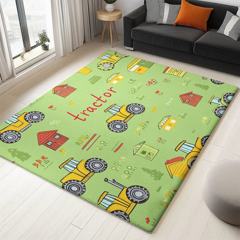 Ultra Soft 3x5 Ft Cartoon Farm Field Tractor Area Rug For Dining Room Bedroom And Living Room Stain And Water Resistant Non Slip Rug Pet And Kid Friendly Machine Washable Faux Wool Comfort With Low Profile 0.24 Inch Thick showing tractor pattern in living room.