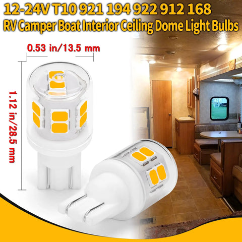 Five Pack T10 LED RV Lights For Camper And Boat Easy Swap 12V 24V Back Up Interior Dome Map License Trunk Lamp Warm White 2700K