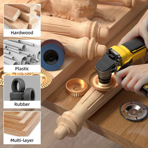 All In One Wood Carving Disc Set For Four Inch And Four And A Half Inch Angle Grinders, shown carving wood with disc.