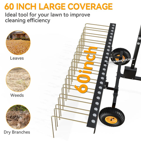 60 Inch Tow Behind Pine Needle Rake for Lawn Mowers, ATVs, and Tractors with 24 tines and black and gold design