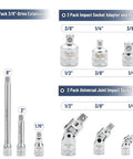 Socket Accessory Kit Ten Piece Chrome Vanadium Extension And Universal Joint Set with 1/4, 3/8, 1/2 inch drives, silver finish
