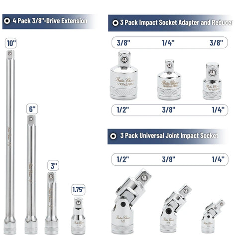 Socket Accessory Kit Ten Piece Chrome Vanadium Extension And Universal Joint Set with 1/4, 3/8, 1/2 inch drives, silver finish
