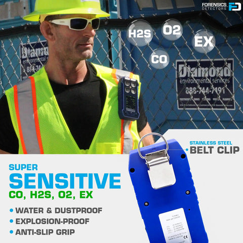 Person wearing Four Gas Monitor With Color Display And USA NIST Calibration Certificate For O2 CO H2S And LEL Detection clipped on vest.