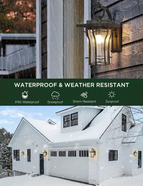 Dope Industrial Style Outdoor Wall Sconce Light With Seeded Glass, weatherproof in snowy house exterior setting.