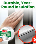 Hand applying Heavy Duty Window Weather Sealing Tape to a window frame, showcasing the 2in x 90ft adhesive roll for draft sealing.