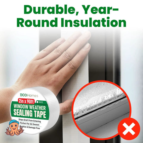 Hand applying Heavy Duty Window Weather Sealing Tape to a window frame, showcasing the 2in x 90ft adhesive roll for draft sealing.