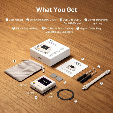 Classic Retro M2 NVMe PCIe Magnetic SSD Enclosure with accessories including USB cables and pouch on wooden surface.