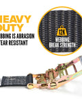Endless Ratchet Straps 2 Inch Wide by 20 Foot Long Hookless 4 Pack Black, heavy duty abrasion-resistant polyester webbing detail.