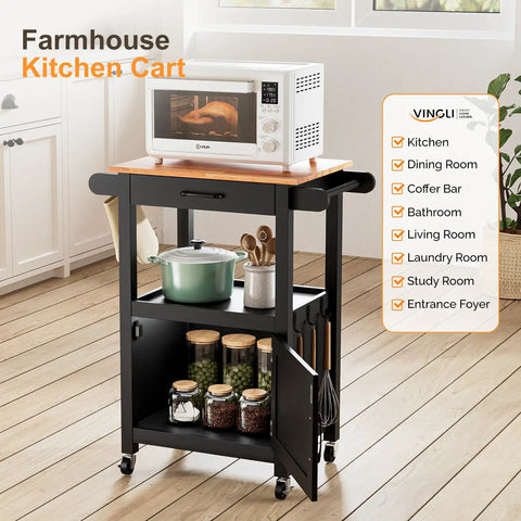 Slick Rolling Kitchen Cart With Microwave Stand And Storage Cabinet And Drawer, Compact Coffee Cart With Side Hooks And Towel Rod, Smooth Lockable Swivel Wheels, Built Tough, Black Finish, featuring microwave and pots.