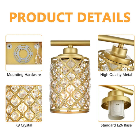 Three Light Gold Bathroom Vanity Light Fixture With Crystal Accents Modern Farmhouse Style Vanity Lighting For Powder Room E26 Base Compatible Vintage Industrial Glow Vibe Modern product details