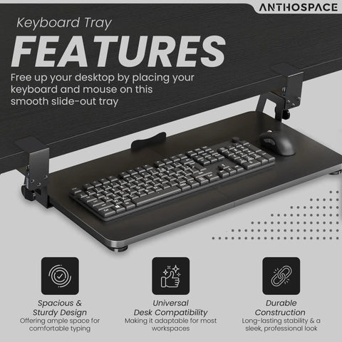No Drama Clamp Down Keyboard Tray Slides Under Desk With Ample Mouse Space crafted for ergonomics, featuring spacious design and sturdy clamps.