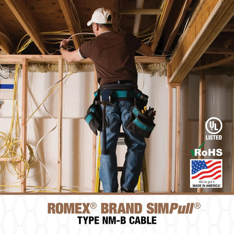 Electrician installing SimPull Solid Indoor 14/2 NM-B Cable With Ground For Easy Pull Installation In Dry Indoor Circuits