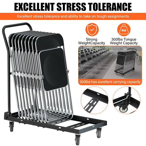 Beast Mode Folding Chair Cart For 12 Chairs With 300 Lbs Capacity shown storing metal chairs, featuring 4 inch swivel wheels.
