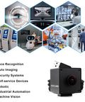 5MP USB Camera Module With Autofocus And 30FPS Wide 138 Degree Field Of View IMX335 Sensor Low Light Performance For Industrial Machine Vision UVC Plug And Play Compatibility With Windows MacOS Linux Android shown with use cases like face recognition and security systems.