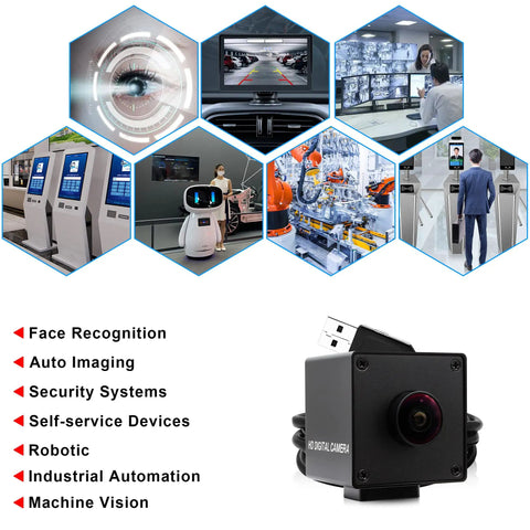 5MP USB Camera Module With Autofocus And 30FPS Wide 138 Degree Field Of View IMX335 Sensor Low Light Performance For Industrial Machine Vision UVC Plug And Play Compatibility With Windows MacOS Linux Android shown with use cases like face recognition and security systems.