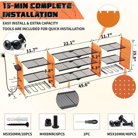 Diagram of Tough As Nails Power Tool Organizer Wall Mount with Charging Station, 3 Layer Racks, and installation components.