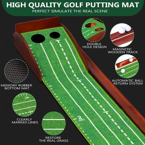 Indoor Putting Green With Auto Ball Return Real Turf Feel Putting Mat for home with wrinkle-free velvet surface and holes.