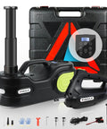5T 12V Electric Car Jack Kit With Double Cylinder Air Pump And LCD Touch Screen, impact wrench, and case displayed