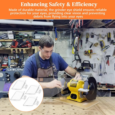 Workbench with man using bench grinder, Eyeshield For Bench Grinder Replacement Shield 4 Pack Type II Compatible Fits Most Electric Bench Grinders 4.5 By 3.5 Inch Guard Safety Shield Protective Cover For Small To Medium Grinders shown.