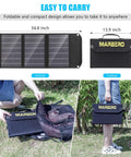 Portable 30W Foldable Solar Panel Charger with Twenty Three Percent Efficient Cells QC 3.0 USB and DC Outputs shown unfolded and folded outdoors.