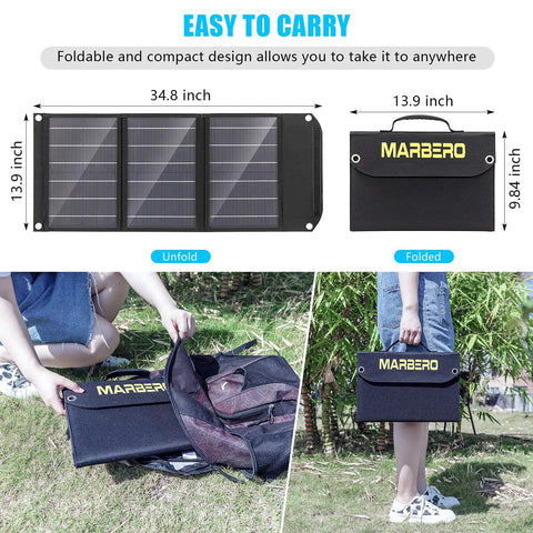 Portable 30W Foldable Solar Panel Charger with Twenty Three Percent Efficient Cells QC 3.0 USB and DC Outputs shown unfolded and folded outdoors.