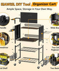 Heavy Duty Four Tier Metal Rolling Tool Cart With Pegboard And Storage Baskets For Garage And Shop Use Mobile Tool Organizer Keeps Tools And Parts In Reach For DIY Projects, showing components like grid shelf and pegboards.