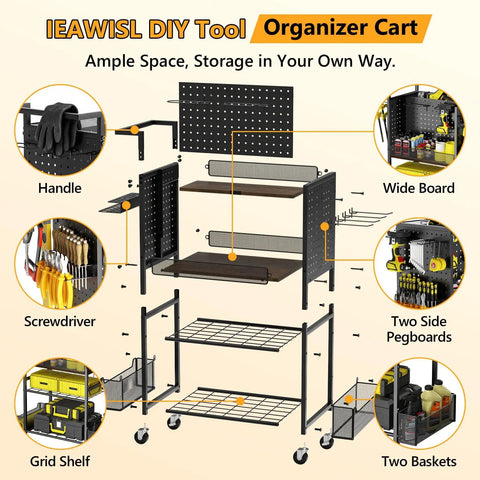 Heavy Duty Four Tier Metal Rolling Tool Cart With Pegboard And Storage Baskets For Garage And Shop Use Mobile Tool Organizer Keeps Tools And Parts In Reach For DIY Projects, showing components like grid shelf and pegboards.