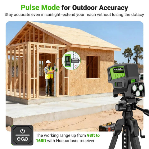 Self Leveling Laser Level With Plus Mode And Dual Line Plus 2 Plumb Dots on tripod, wood structure in background, outdoor scene
