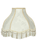 Transitional Scallop Bell Shade For Lamps In Ivory Jacquard Fabric With Brass Spider Fitter, 5 Inch Top, 13 Inch Bottom, 9.5 Inch Slant Height, Lamp Harp Compatible, Classic Vibe Home Decor Accessory with fringe detail.