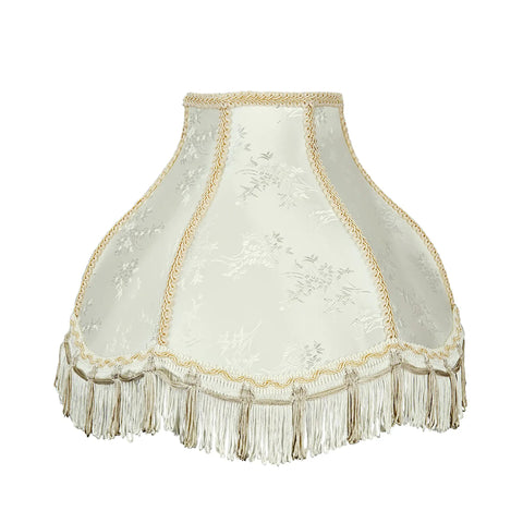 Transitional Scallop Bell Shade For Lamps In Ivory Jacquard Fabric With Brass Spider Fitter, 5 Inch Top, 13 Inch Bottom, 9.5 Inch Slant Height, Lamp Harp Compatible, Classic Vibe Home Decor Accessory with fringe detail.