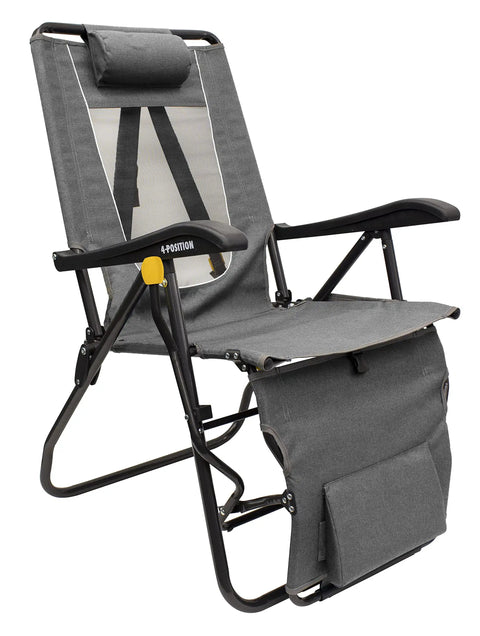 Legz Up Folding Outdoor Lounger With Adjustable Recline And Leg Elevation All In One Outdoor Chair shown upright with padded seat
