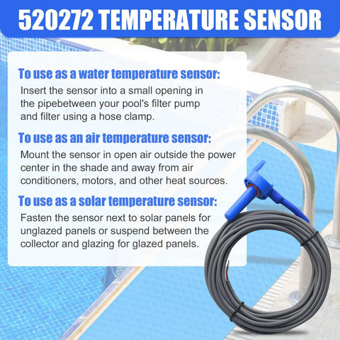 Image showing installation guide for Two Pack 10K Ohm Pool Temperature Sensor Thermistor Replacement With 20 Foot Cable and clamps.
