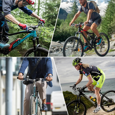 Cyclists using mountain bike handlebar 31.8mm clamp 780mm cuttable width with rise options on various terrains and settings